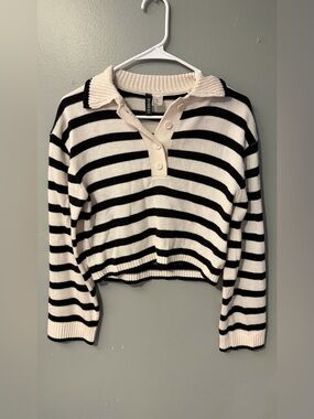 H&M Striped Knit Polo Sweater - Black & Cream